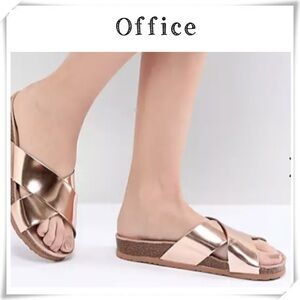 OFFICE Hoxton 2 Cross Belt Slide Sandal in Rose Gold Size 8